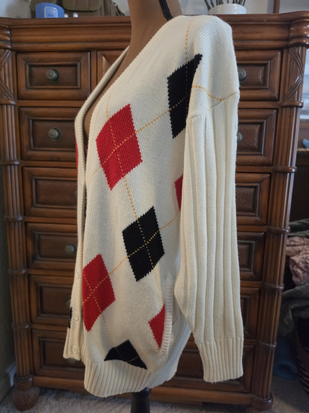 Vtg Wool Blend Argyle Cardigan Oversized Knit Small Grandpa Dark Academia Retro - Picture 5 of 11